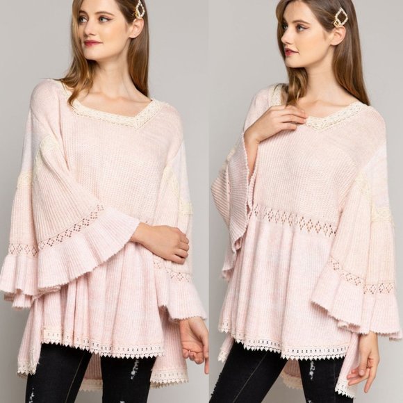 Pink Flutter Bell Sleeve Lace Boho Tunic Sweater - Picture 6 of 9